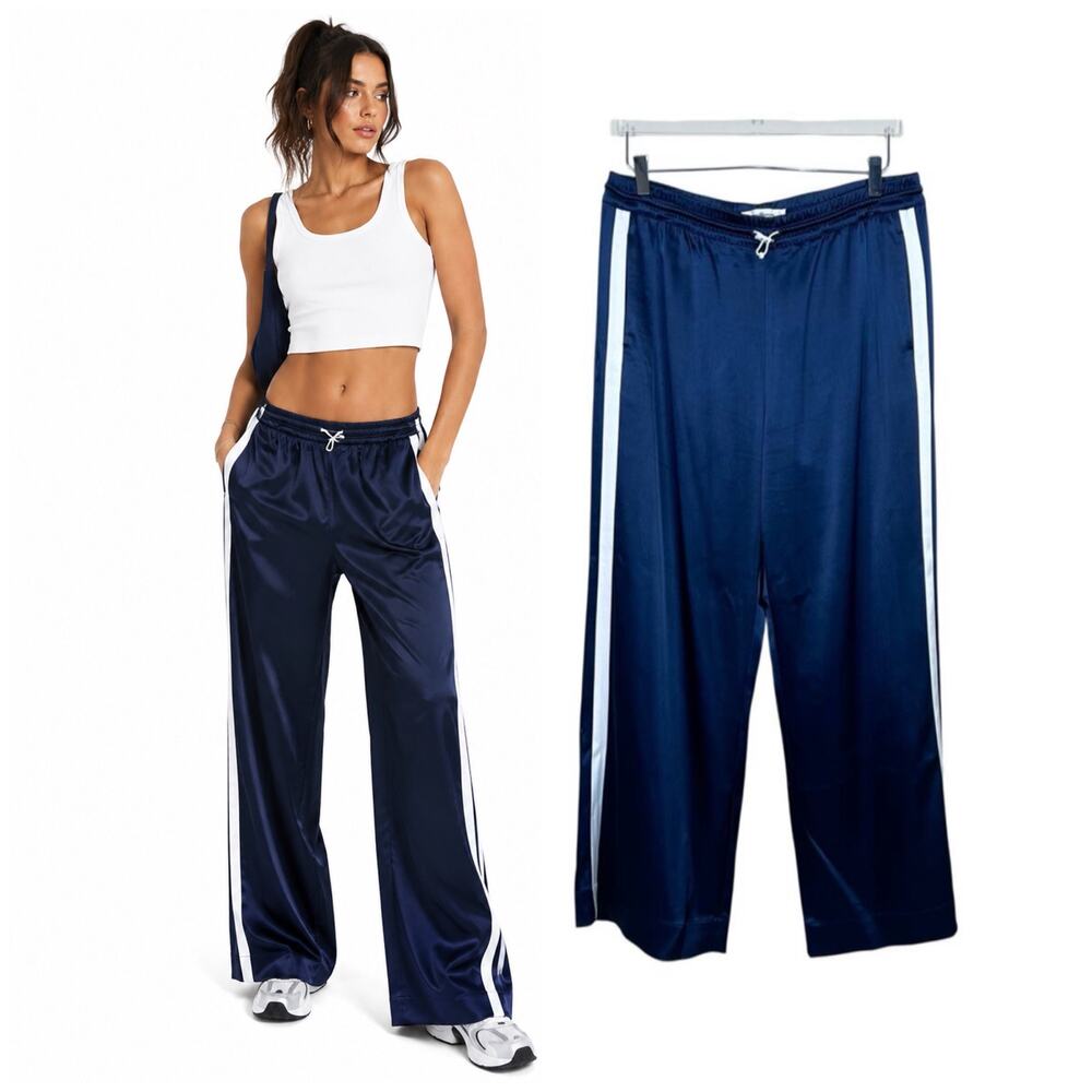 Tory Burch | Tory Sport Navy Blue White Striped Satin Wide Leg Track Pants XL